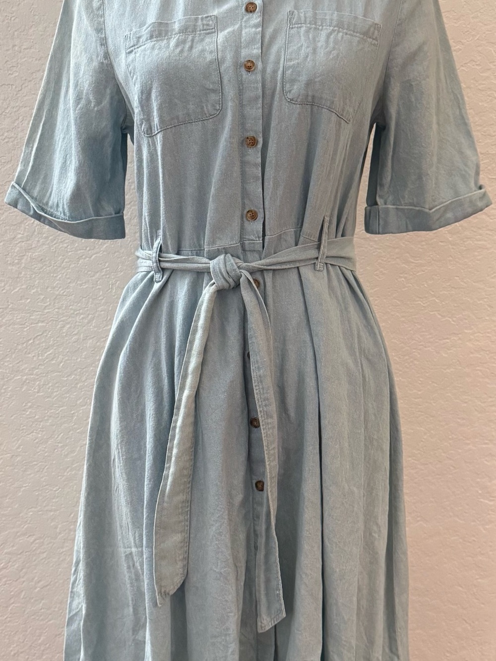 Sezane Light Blue Midi Shirt Light Weight Denim Dress with Tie Waist